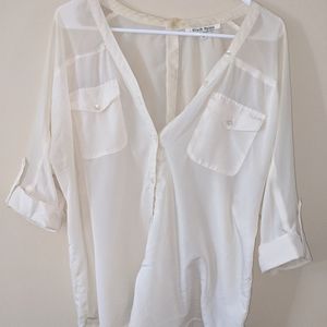 V neck pocket blouse, button embellishment